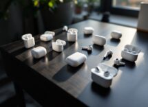 A pair of Apple AirPods on a stylish background